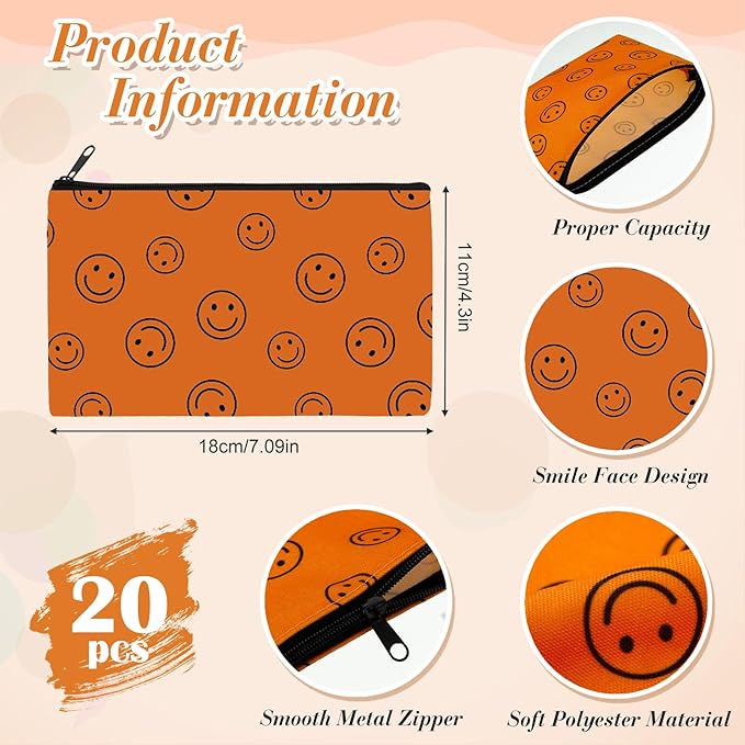 Reginary 20 Pieces Cosmetic Bag for Women Smile Face Roomy Makeup Bags with Zipper Smile Face Toiletry Bag Pouch Travel Accessory Christmas Organizer Gifts, 7 x 4.3 Inches