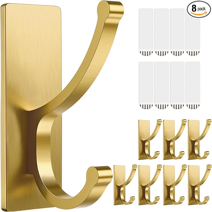 pickpiff Adhesive Wall Hooks with Strip - No Residue, Easy to Remove, Strong Heavy Duty Sticky Towel Hook, 8 Pack Brushed Gold
