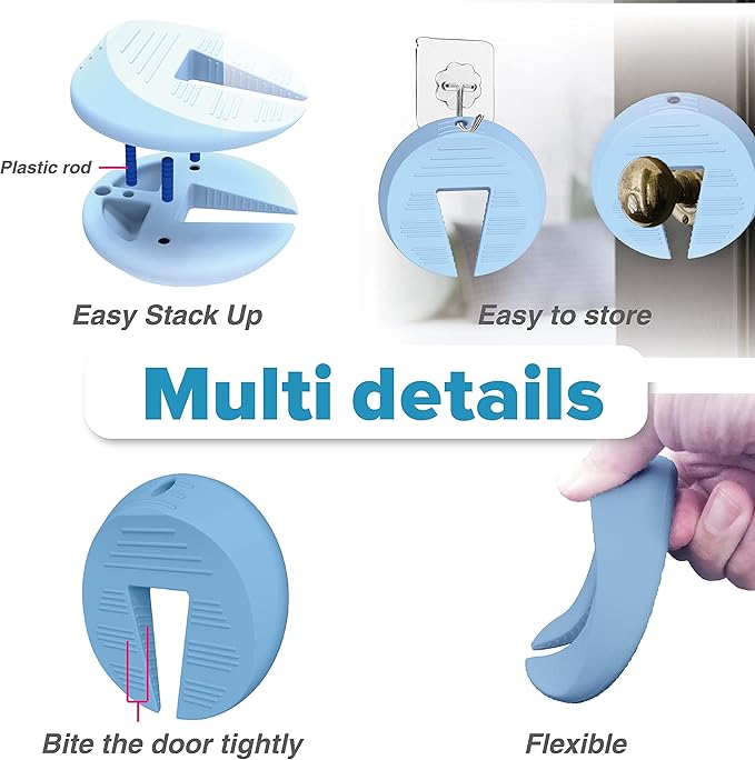 Upgraded Silicone Door Pinch Guard and Door Stoppers 2 Functions in 1 with 4 Free Hooks, Heavy Duty Finger Pinch Guard Prevents Finger Pinch Injuries, Slamming Doors. 4 Packs, Blue