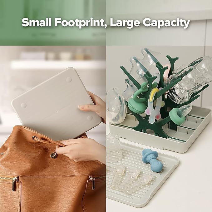 haakaa Portable Baby Bottle Drying Rack with Tray, Space Saving Bottle Drying Tree for Bottles/Pump Parts/Pacifiers,Easy-Store Dryer Rack Great for Home & Travel, BPA Free (Green)
