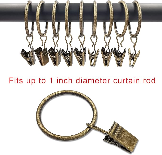 100 Pack Curtain Rings with Clips, Curtain Clip Rings Hooks, Bow Hanger Clips for Hanging Drapery Drapes Bows, Ring 1.26 inch Interior Diameter, Fits up to 1" Rod, Bronze