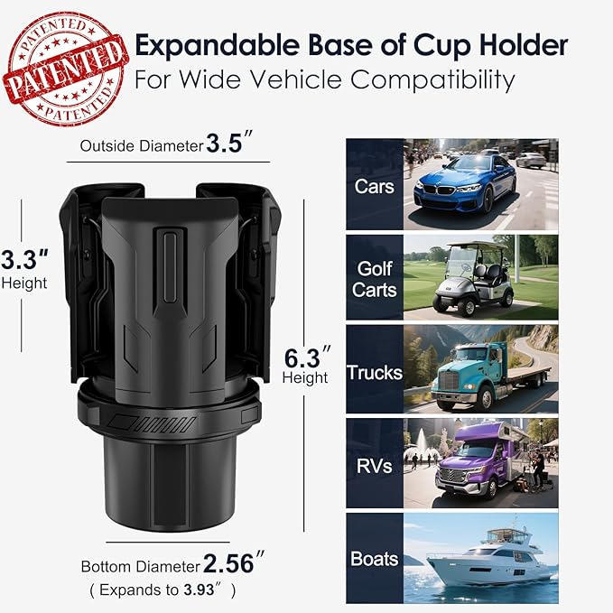 Car Cup Holder Expander: One-Button Open, Universal, Adjustable Holder (Diameter 2.6"- 4.8"), Cup Holder Expander for Yeti, Hydro Flask, Nalgene, Takeya, Camelbak, Ramblers, Owala, Tumblers, Mugs