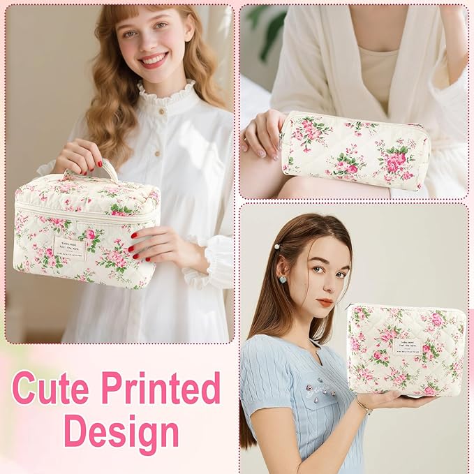 3Pcs Cotton Quilted Makeup Bag for Women Girls Large Small Travel Pink Floral Cosmetic Bags Set Cute Coquette Makeup Pouch for Purse Aesthetic Cloth Flower Storage Toiletry Bag Organizer