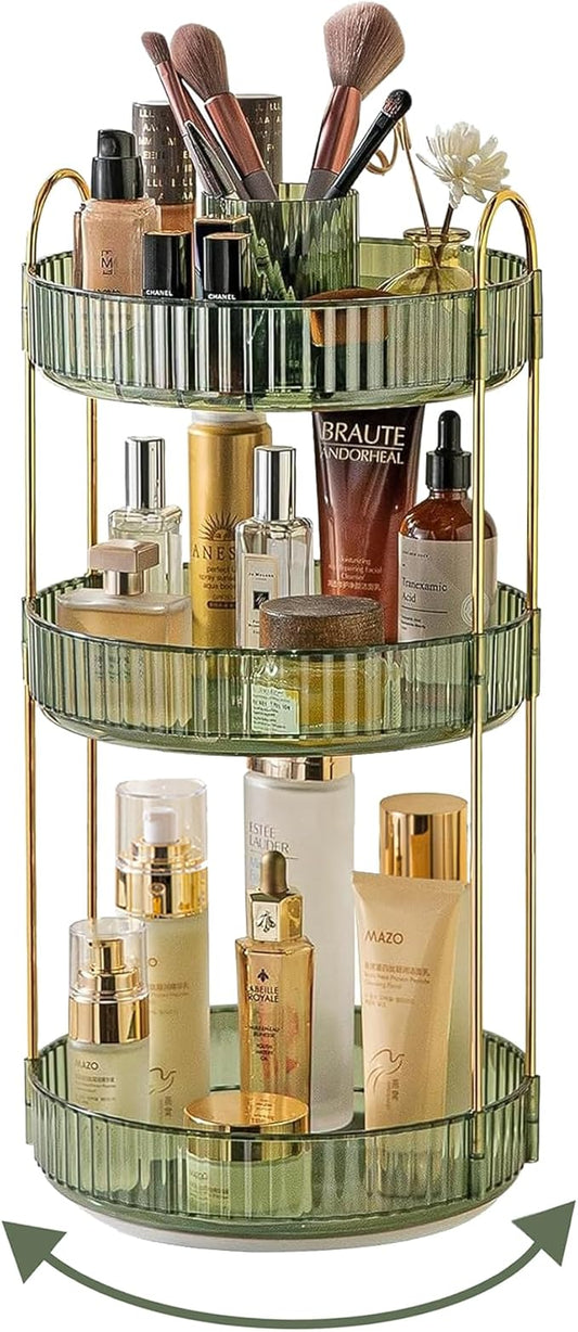 360 Rotating Makeup Organizer, 3-Tier Large Capacity Makeup Organizers and Storage, Skincare Perfume Vanity Organizers, Bathroom Cosmetics Storage Organizer Countertop (Green)