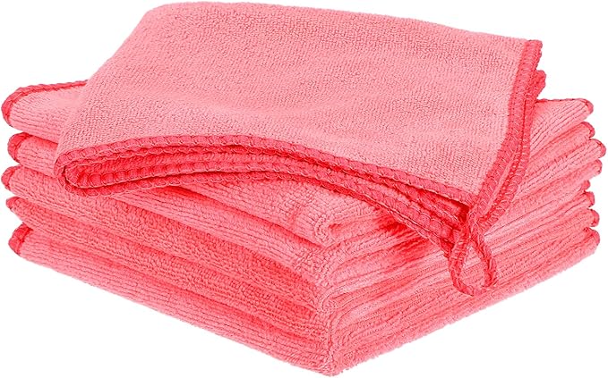 HARFINGTON 6 Pack Microfiber Cleaning Cloth, 12" x 12" Multi-Functional Cleaning Towels Reusable Absorbent Rags with Hook for Car Wash Kitchen Household Window Clean, Rose Red