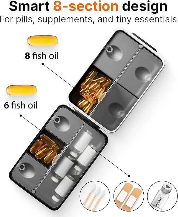 Travel Pill Organizer Box – Moisture Proof Case with Magnetic Closure, Large 8-Compartment Holder for Pills, Vitamins and Supplements, Reliable Medicine Organizer for Daily Use at Home or on The Go