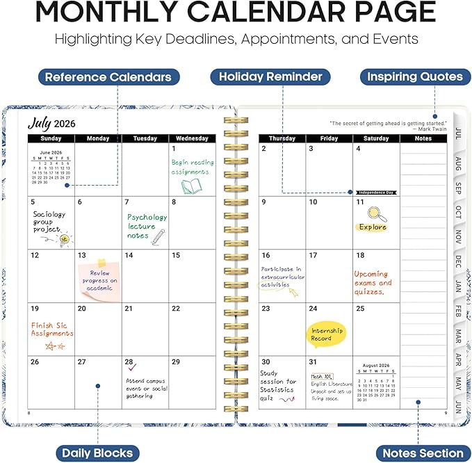 Planner 2026-2027, Academic Year Monthly and Weekly Calendar Planner, Jul 2026 - Jun 2027, Hardcover Teacher Student Planning Agenda book with Tabs, Perfect for School Office Supplies, 6.3" x 8.5" - Blue Elegance