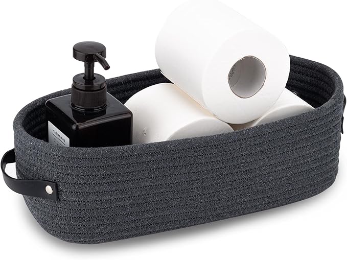 Cotton Rope Toilet Paper Holder Basket with Handle, Home Decor Organizing Small Baskets, Nursery Basket 13"x5.9"x4" Dark Gray