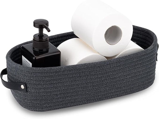 Cotton Rope Toilet Paper Holder Basket with Handle, Home Decor Organizing Small Baskets, Nursery Basket 13"x5.9"x4" Dark Gray