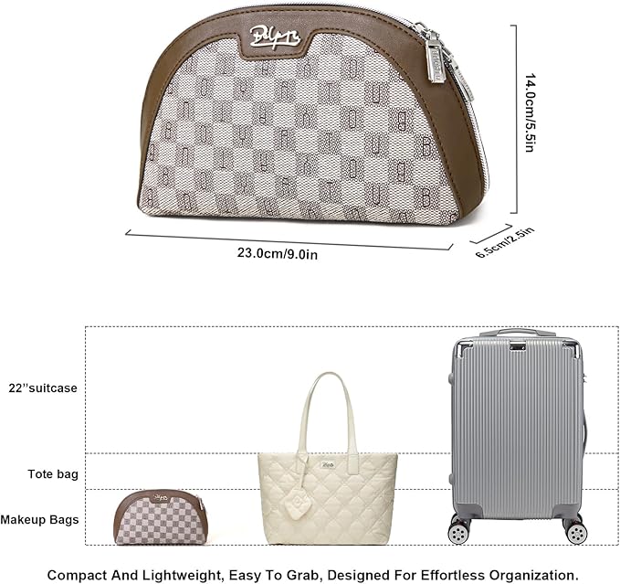 BOYATU Small Travel Makeup Bag for Women: Elegant Vegan Leather Cosmetic Pouch for Purse - Waterproof Toiletry Bag with Mirror (023-Light Brown)