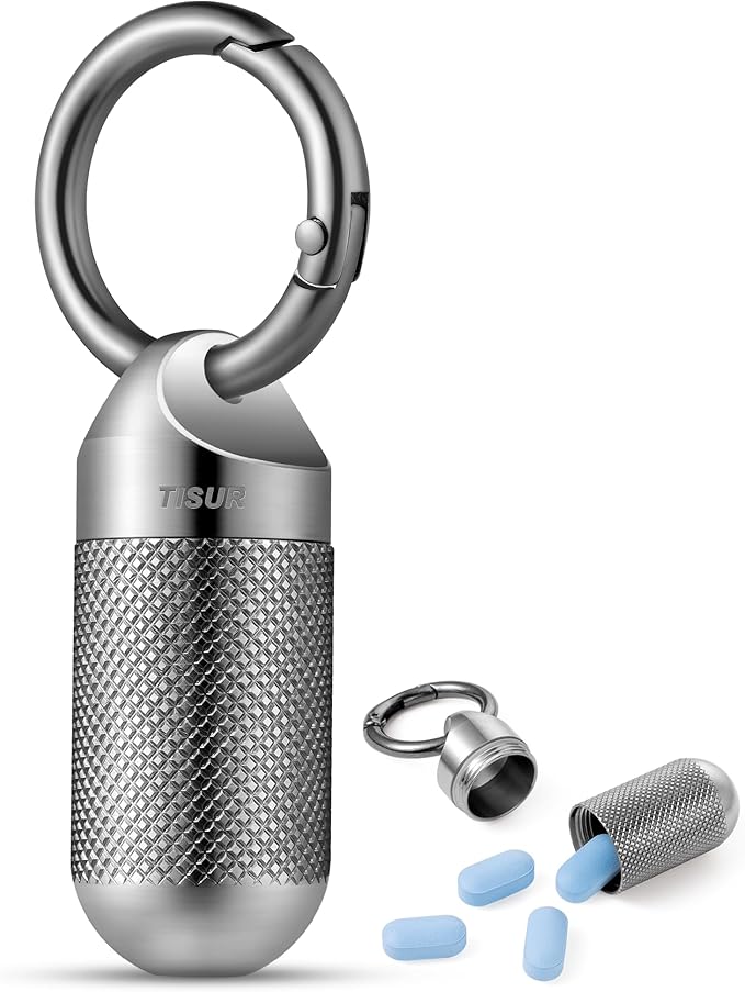 TISUR Titanium Keychain Pill Holder Small Metal Pill Case, Pill Organizer Portable Waterproof Pill Container, Travel Pill Bottle Box for Purse (Large-0.63inch)