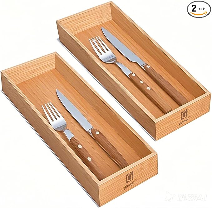 Bamboo Drawer Organizer, Utensil Organizer for Kitchen, Bamboo Storage Box Wood Silverware Tray for Drawer Set of 2