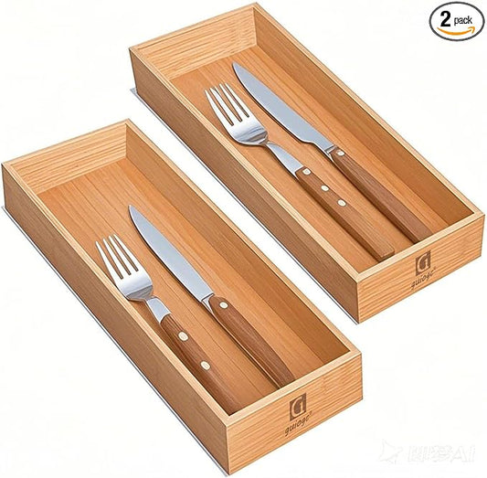 Bamboo Drawer Organizer, Utensil Organizer for Kitchen, Bamboo Storage Box Wood Silverware Tray for Drawer Set of 2