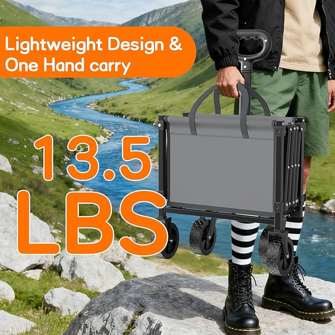 35" L Extra Long Foldable Wagons Carts, 360LBS Heavy Duty Collapsible Wagon with Wheels, Folding Wagon Portable Utility Cart for Groceries, Shopping, Camping, Sports