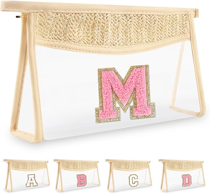 Small Boho Straw Initial Letter Makeup Bag Personalized Gift ,Cute Clear Chenille Patch Makeup Bag With Zipper,Trendy TSA Approved Travel Toiletry Bag,Gift for Women Girls Birthday Friend, Letter M