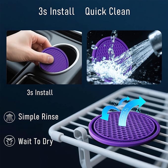 Car Cup Holder Coaster 4 Pack - Non Slip & Shockproof,Flexible PVC Rubber Insert for Car/Truck/SUV/Van (2.75"x0.2") Universal Fit Auto Cup Holders Accessories for Women and Man (Purple)