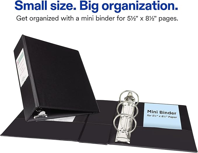 Avery Mini 3 Ring Binder, Holds 5.5" x 8.5" Paper, 2" Round Rings, 375-Sheet Capacity, 2.8 Inch Wide Spine, Label Holder, 1 Black Binder, Great for Home, Office, School Supplies, and More (27554)