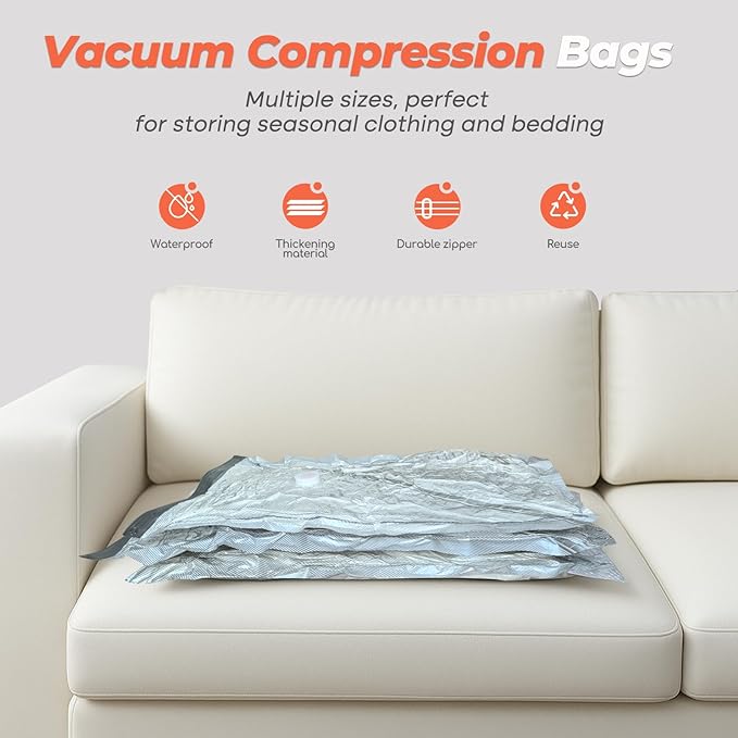 Vacbird Travel Vacuum Seal Bags, 8 Pack 34" Vacuum Storage Bags with Rechargeable Cordless Pump, Compression Packing for Clothing, Clothes, Blanket, Bedding, Space Saver for Suitcase, Luggage