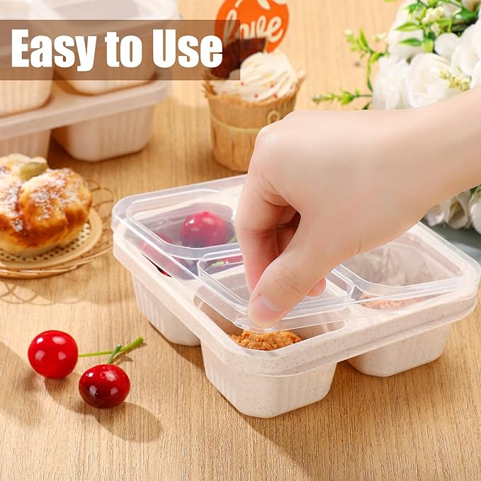 12 Pcs 4 Divided Compartments Snack Containers Bento Wheat Straw Snack Box with Lid Reusable Meal Prep Lunch Box Food Storage Containers for Adults Christmas Travel Work Gifts(Beige)