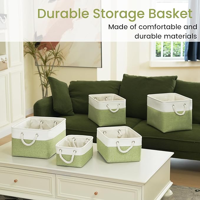 VQRTEXA Large Storage Baskets - 15x11x10 inch Storage Bins for Shelves and Closet Organizing, Foldable Fabric Bin for Home Organization Clothes and Laundry (1-Pack, White&Green)