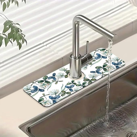 Watercolor Garland Flower Sink Splash Guard Faucet Mat Clover Leaves Super Absorbent Fast Drying Mat Sink Gadgets-Splash Guard Behind Faucet Drip Catcher for Kitchen Bathroom, 15.5"x5.5"