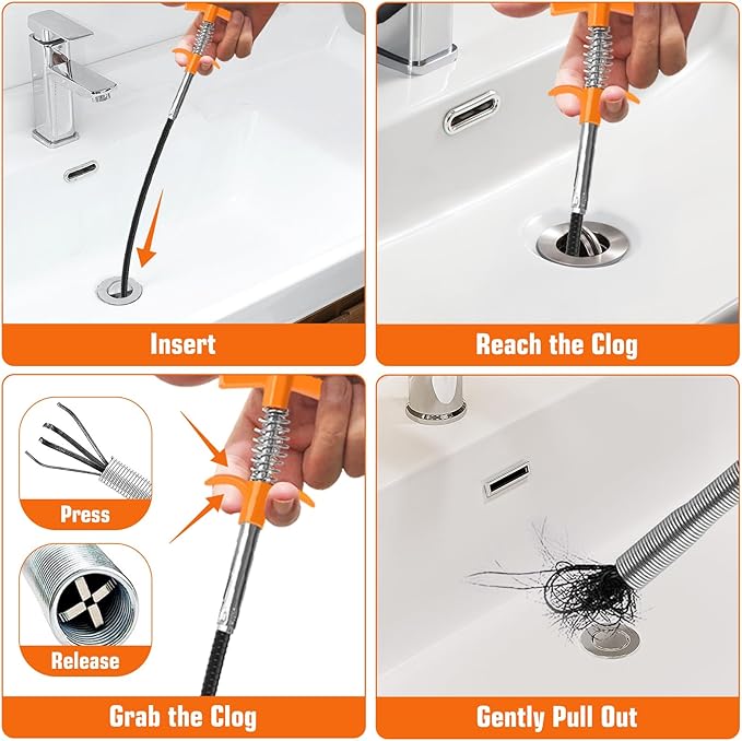 New Upgrade 63 inch Drain Snake Hair Drain Clog Remover Tool - Sink Drain Cleaner for Toilet Sewer Shower Kitchen Bathroom Tub Clogged Drains Opener Cleaning Tool, Flexible Grabber Claw Pick Up Tool