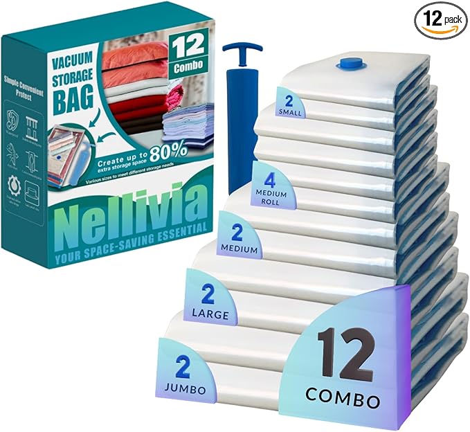 12 Pack Vacuum Storage Bags with Hand Pump, Compression Space Saver for Comforter, Bedding, Blanket Storage, Vacuum Seal Bags for Clothing, Luggage Suitcase and Closet Organizer