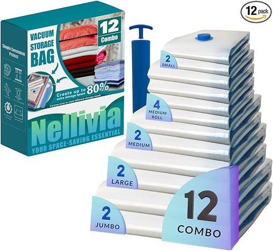 12 Pack Vacuum Storage Bags with Hand Pump, Compression Space Saver for Comforter, Bedding, Blanket Storage, Vacuum Seal Bags for Clothing, Luggage Suitcase and Closet Organizer