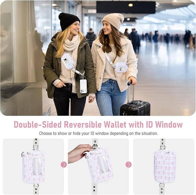 Clip and Go Strap for Phone with Wallet Crossbody Phone Lanyard and Detachable Checkered Bag with ID Window and RFID Pouch for Daily Travel. Bow