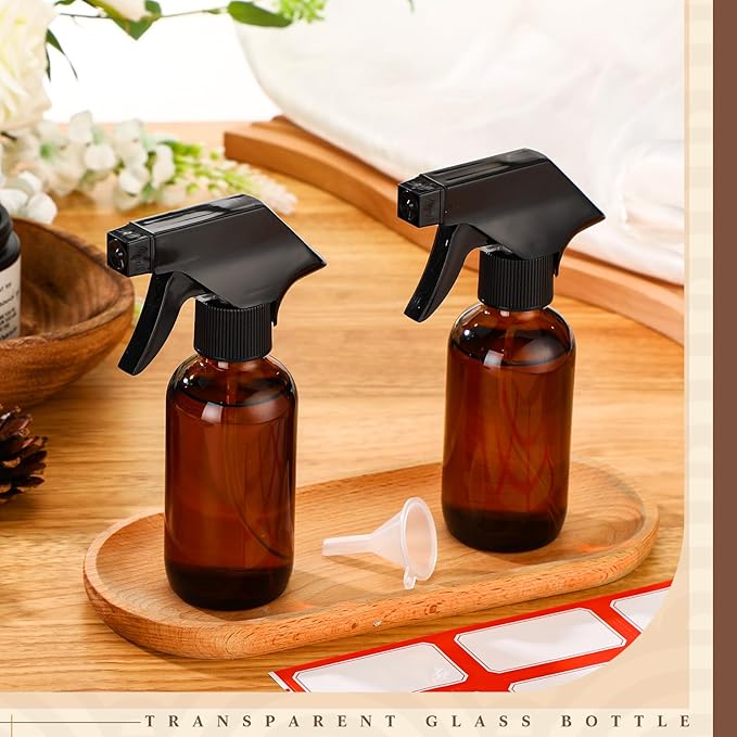Fumete 2 Pack Glass Bottles 4oz Empty Refillable Liquid Containers with 1 Label 1 Funnel for Essential Oils Hair Travel Plants Cleaning Skin Care(Amber, Black Top,Spray Bottle)