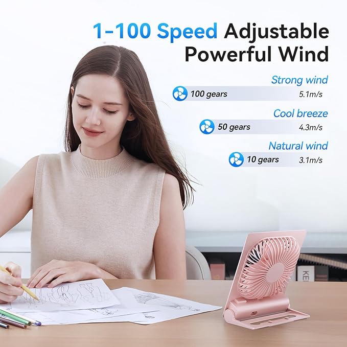 Desk Fan, 6.61''Ultra-thin 5000mAh Battery Powered Fan with Powerful Wind,100 Speeds Adjustable&Digital Display,Timer,Ultra-quiet Small Portable Fan for Bedroom,Office,Travel,Summer Essentials