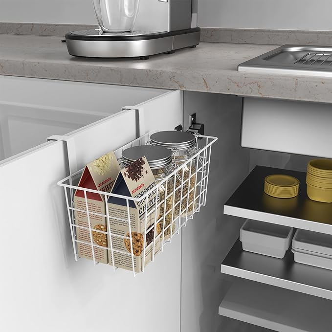 MaraFansie Basket with Hook, Grid Storage Basket, Over the Cabinet Door Organizer, Wire Hanging Basket with Hook Over the Door/Railing, Under Sink Kitchen Cabinet, Pantry, Bathroom, White, 4 Pack