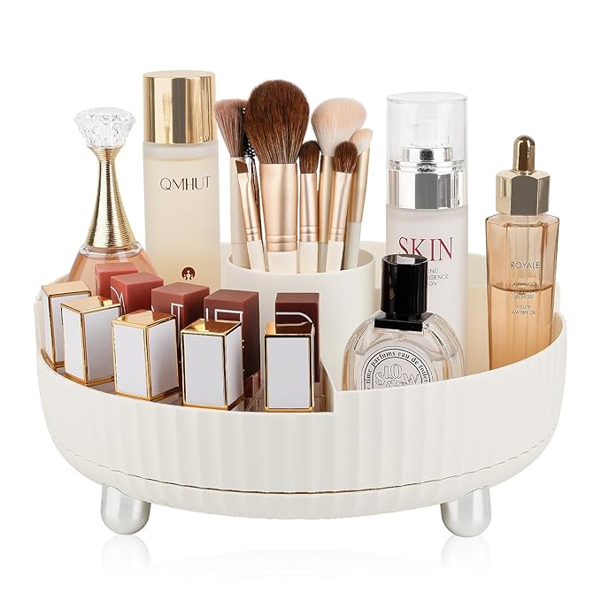 Anyoifax Makeup Perfume Organizer Tray with Divider, 360-Degree Rotating Lazy Susan Skincare Lotion Organizer, Spinning Cosmetics Storage for Dresser, Vanity, Bathroom Countertop, Large Beige