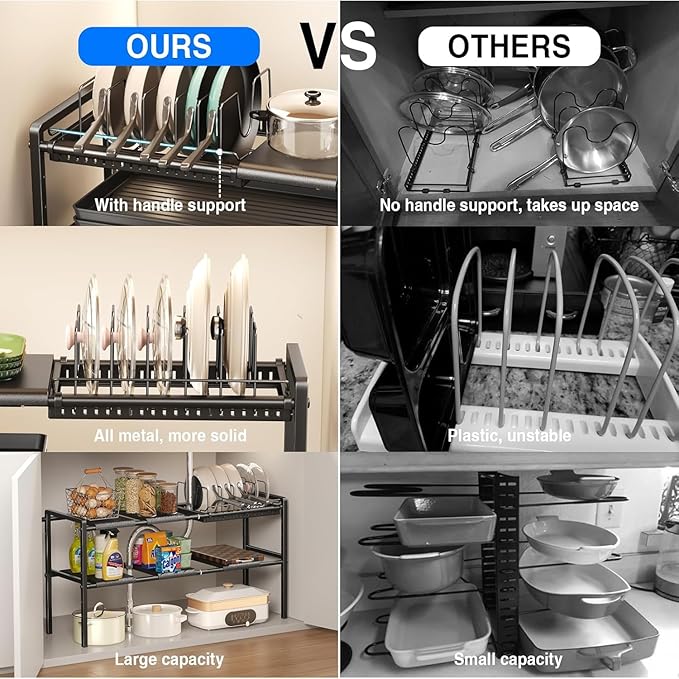 Pots and Pans Organizer Under Cabinet, Expandable 2 Tier Under Sink Organizers and Storage Adjustable Height Kitchen Pot and Pan Lid Holder Rack with 6 Dividers (6 panels, 1 Pot rack, Black)