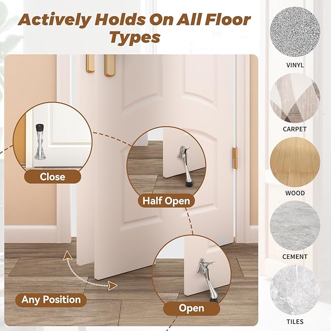 Kickdown Door Stopper 5Inches - 2 Packs One Touch Adjustable Height Door Stop for The Bottom of Door The Bottom of Door Aluminum Alloy Metal Door Stopper with Rubber Tip Silver