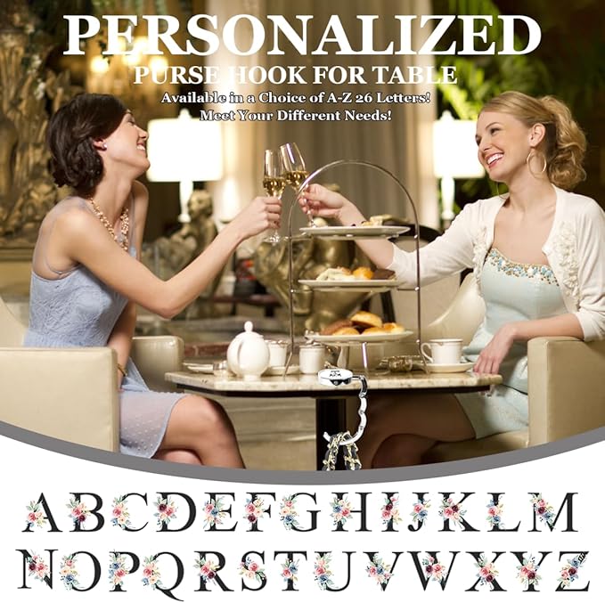 XSUIOY 3Pcs Personalized Initial Foldable Purse Hook for Table,Crushed Flower Letters Folding Purse Hanger,Purse Holder Handbag Hanger Collection Desk Table Bag Hooks Gifts for Women Bag(Black-D)