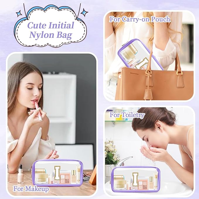 Small Clear Personalized Initial Makeup Bag,Nylon Preppy A-Z Chenille Letter Patch Cosmetic Pouch Beach Toiletry Bag,Waterproof Zip Travel Purse Storage Bag Organizer for Women Girls(Purple-White I)