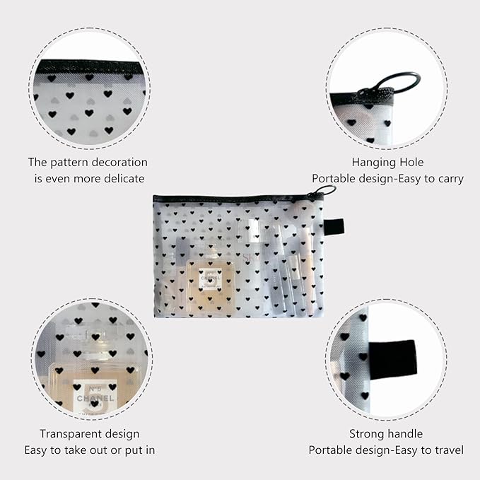 4-Piece Heart Printed Mesh Makeup Bag Set, Portable Travel Mesh Cosmetic Bags Toiletry Bags Makeup Purse Bags Mesh Zipper Storage Pouches for Home Offices Travel Accessories (White)
