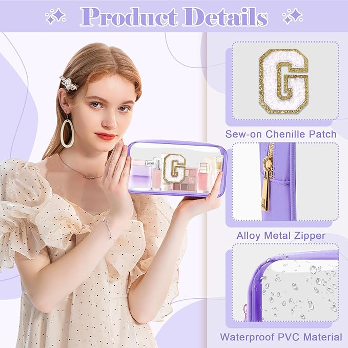 Personalized Initial Letter Clear Makeup Bag, Preppy Small Nylon & PVC Cosmetic Zipper Bag with Chenille Letter, Travel Skincare Toiletry Bag, Monogram Christmas Gift for Teen Girls Women, G