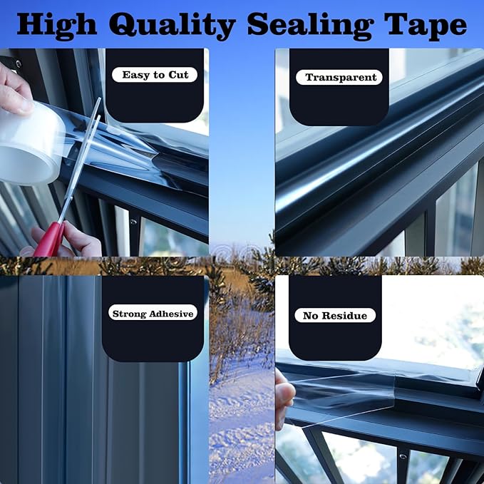 Window Weather Sealing Tape 3 Inch x 33 FT x 0.3 Mils Weather Stripping Residue-Free Clear Window Insulation Tape for Doors Windows and Shower Glass Gaps
