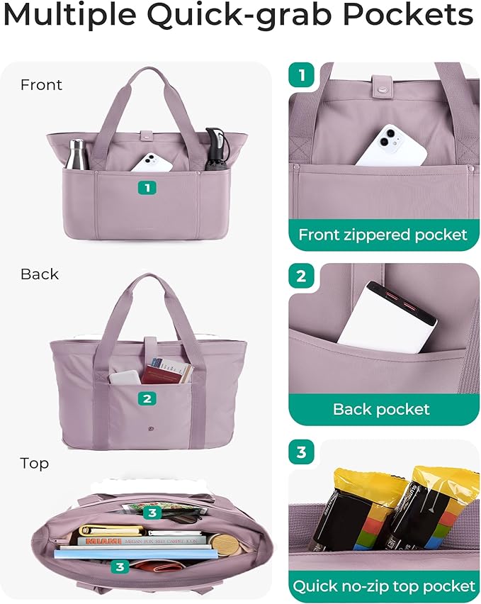 BAGSMART Tote Bag for Women, Foldable Tote Bag With Zipper Travel Large Shoulder Bag Handbag for Work-16.5''l X 6''wx 14''h