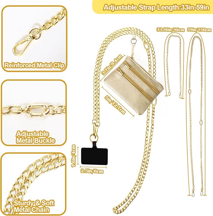 XANGNIER Clip and Go Strap for Phone with Wallet Crossbody, Phone Strap with Zippered Wallet, Adjustable Anti Theft Cellphone Lanyard for Women, Cellphone Chain Accessories, Chain Gold