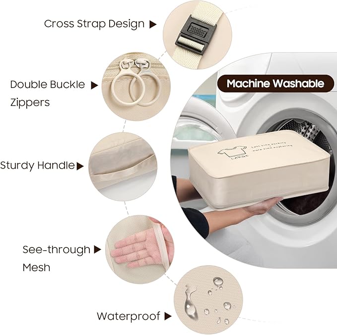 SKYREH 8 Set Travel Packing Organizers - Luggage Organizer for Suitcase Organization with Hanging Toiletry, Shoe & Laundry Bags, Packing Cubes for Travel Essentials, Cute Gifts for Women, Beige