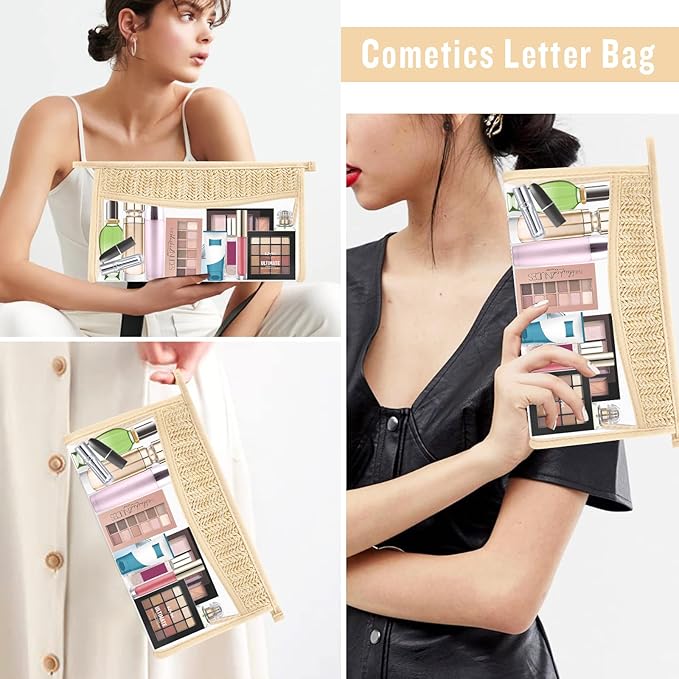 2 Pcs Boho Clear Makeup Bag Cosmetic Zipper Pouch Purse, Clear Toiletry Bags Travel Small Preppy Cute Chenille Letter Bag, Transparent Waterproof Clutch Make Up Organizer Storage Bag for Women Girls