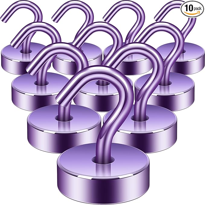 Neosmuk Magnetic Hooks, Cruise Ship Essentials, 40lb+ Heavy Duty Magnetic Hooks for Cruise Cabins, Refrigerator, Grill, Hanging, and Travel | Extra Strong Must-Haves Magnet Hook,Purple,Pack of 10