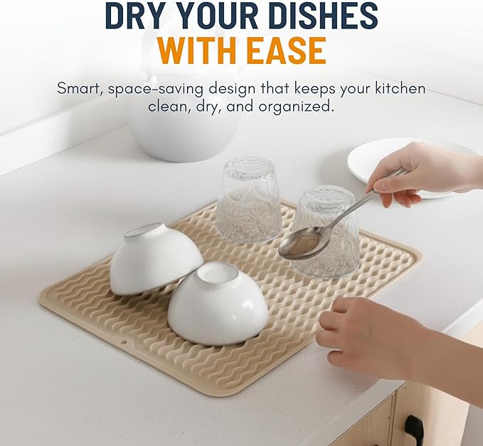 Silicone Dish Drying Mat for Kitchen Counter - Multi-Use 16 x 12 Inch Pad, Non-Slip & Heat-Resistant, Perfect Dish Drainer Mat by Linda’s Essentials, Ideal Kitchen Accessory (Beige)