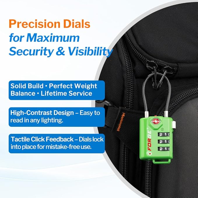 Forge TSA Approved Luggage Locks, Resettable Combination with Alloy Body (Green 2 Locks)