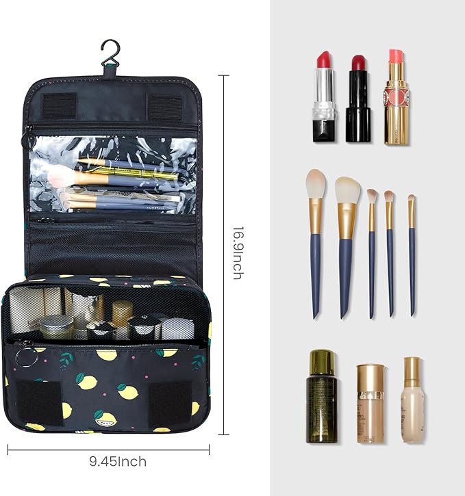 Lcsmaokin Large Capacity Toiletry Bag Travel Bag with Hanging Hook for Men and Women Waterproof Travel Cosmetic Bag Bathroom Storage Bag for Brushes Set,Full-Sized Shampoo,Accessories-Grey Lemon