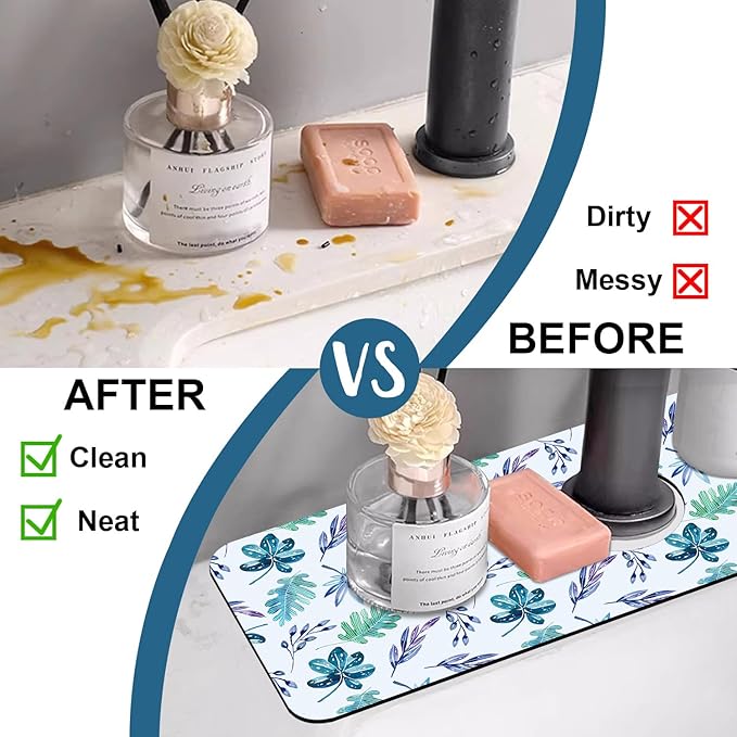 Watercolor Leaves Sink Splash Guard Faucet Mat Tropical Leaves Super Absorbent Fast Drying Mat Sink Gadgets-Splash Guard Behind Faucet Drip Catcher for Kitchen Bathroom, 15.5"x5.5"