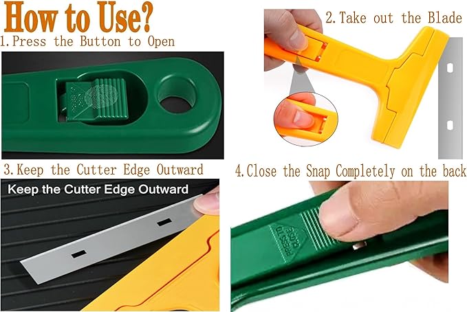 2pack Razor Blade Scraper, Industry Glass Window Scraper, Heavy Duty Cleaning Scraping Hand Tool with 20pcs Blades for Putty Residue Stains Paints Glue Mud Wallpaper Removing Remover Cleaner (Yellow)